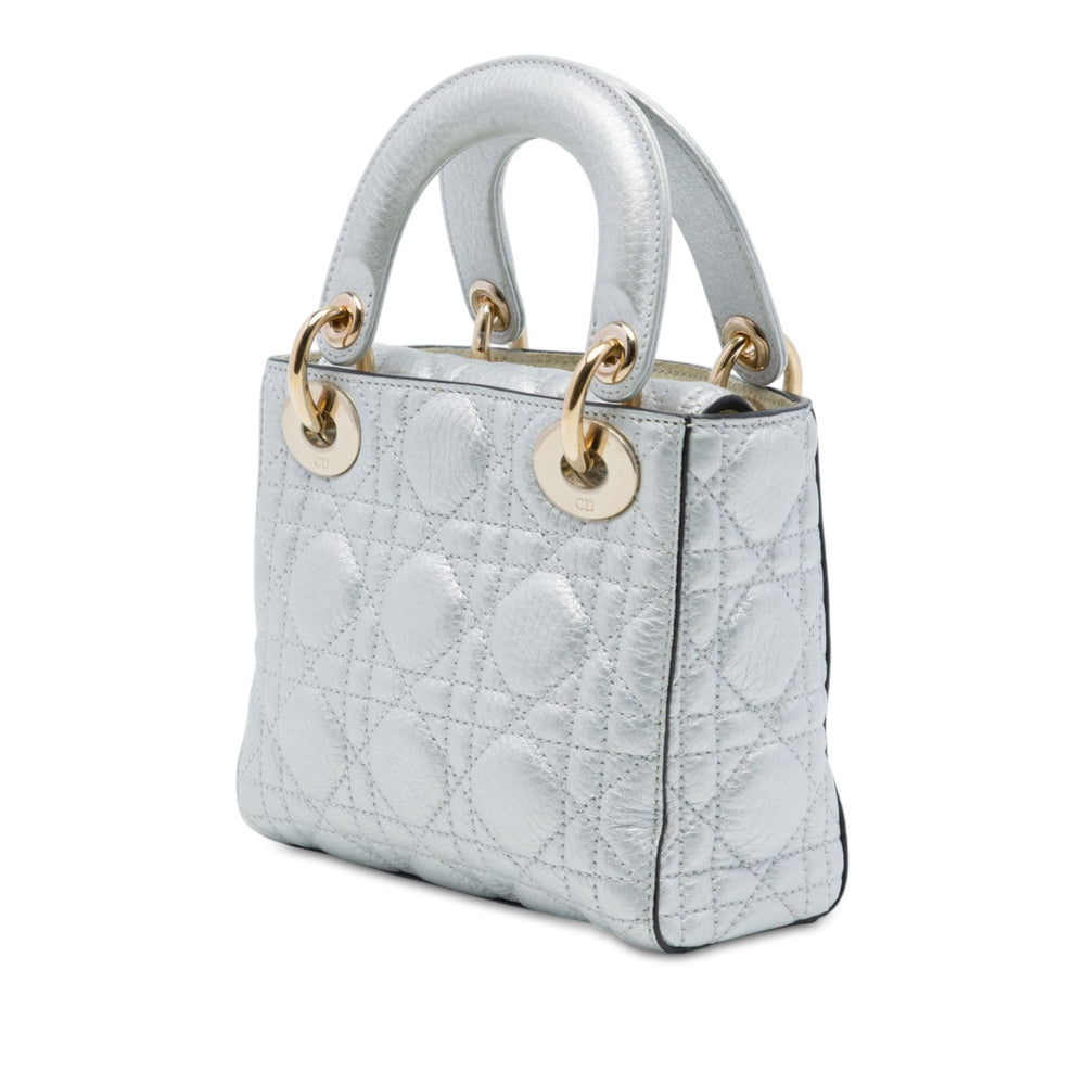 Dior Lady Dior Métallisé Cannage Souple Mini Cuir de veau Argenté – vue 2 – GABY PARIS