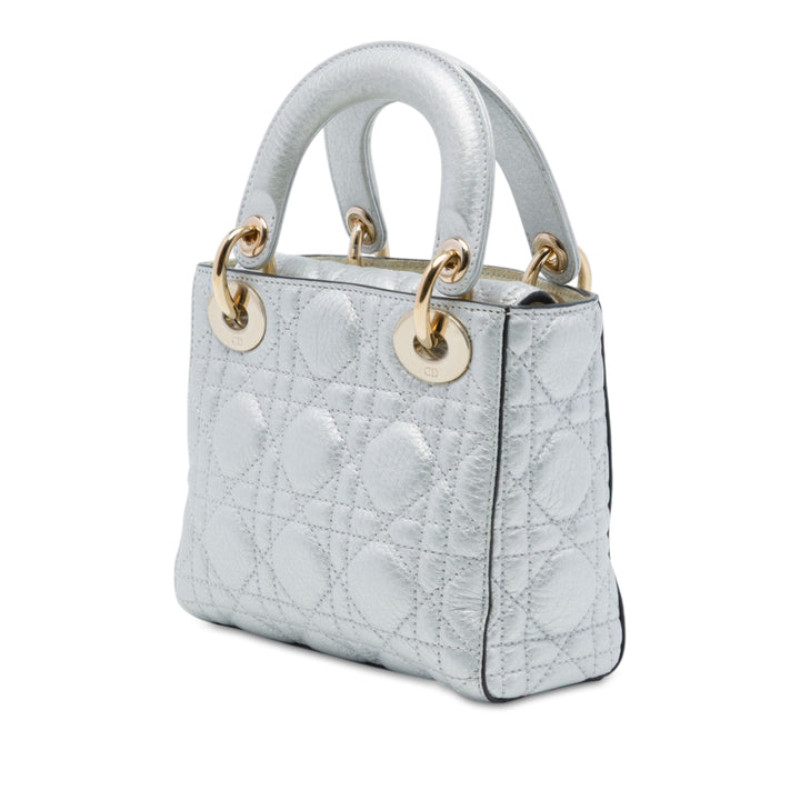 Dior Lady Dior Métallisé Cannage Souple Mini Cuir de veau Argenté – vue 2 – GABY PARIS
