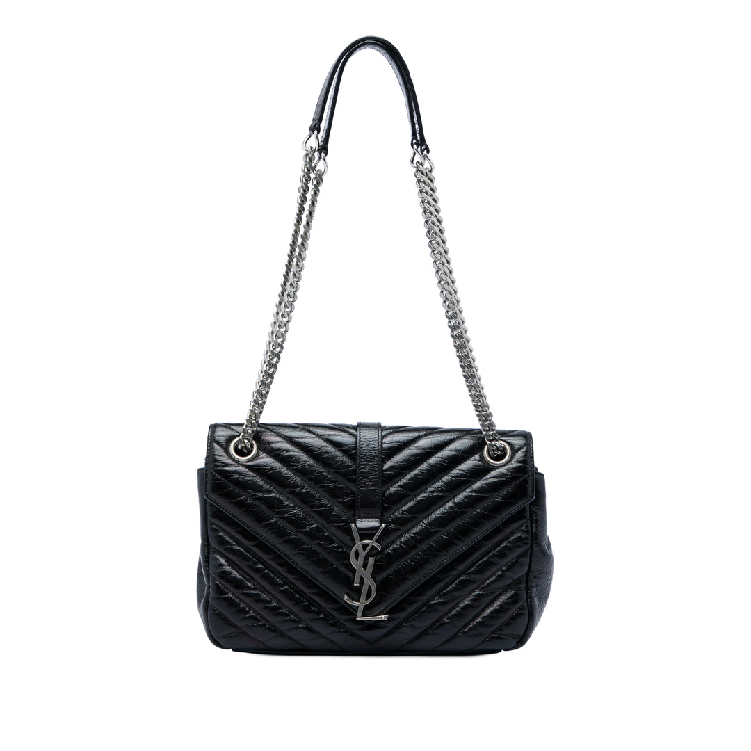 Chevron Métallisé froissé Punk Sac à chaîne Moyen Cuir de veau Noir