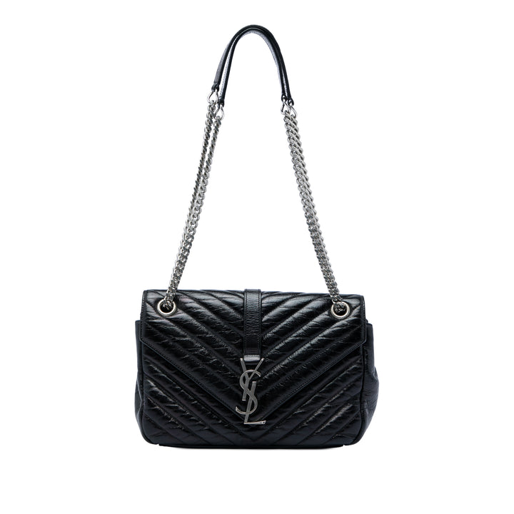Chevron Métallisé froissé Punk Sac à chaîne Moyen Cuir de veau Noir