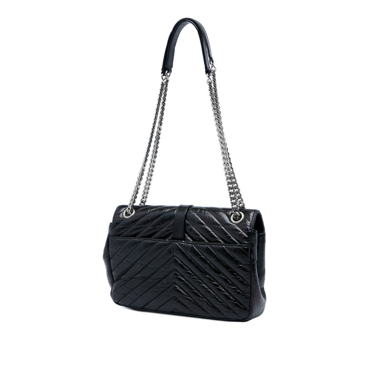 Chevron Métallisé froissé Punk Sac à chaîne Moyen Cuir de veau Noir