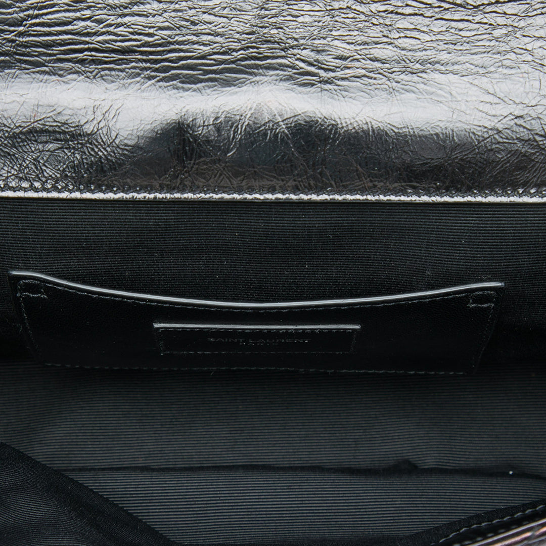Chevron Métallisé froissé Punk Sac à chaîne Moyen Cuir de veau Noir