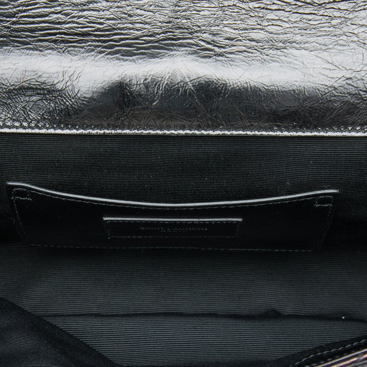 Chevron Métallisé froissé Punk Sac à chaîne Moyen Cuir de veau Noir