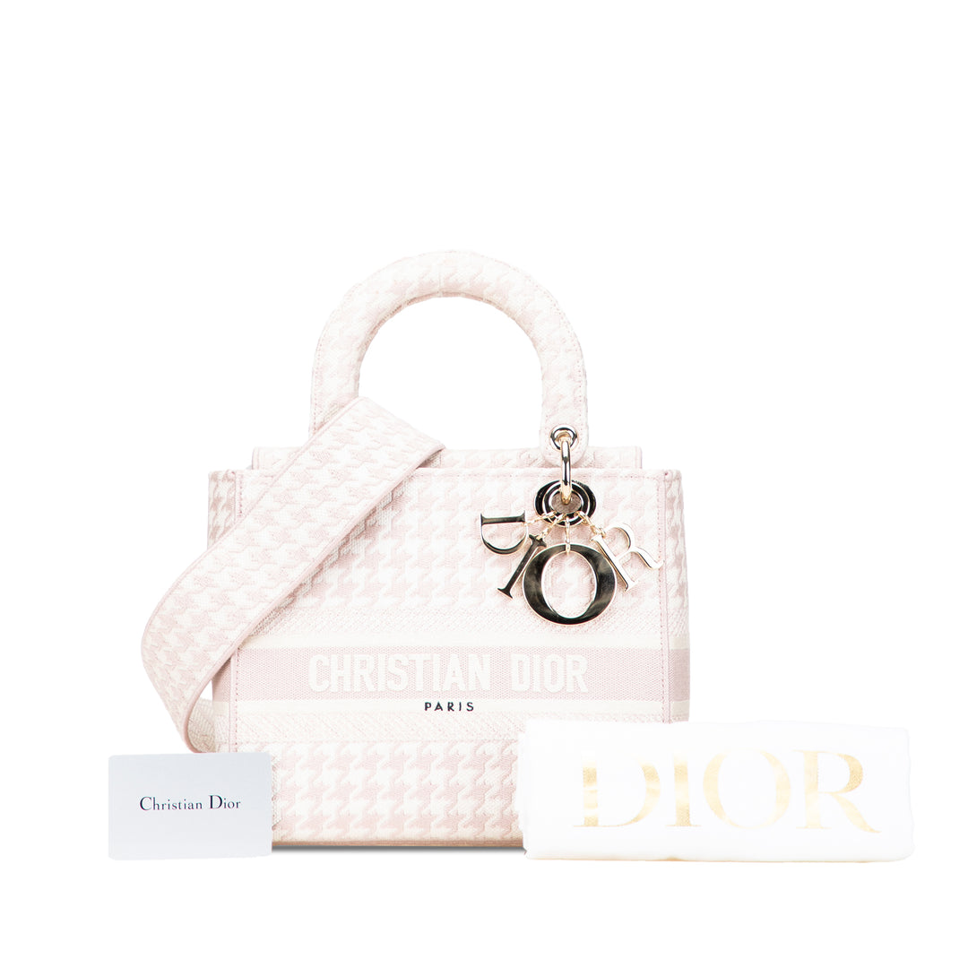 Medium Canvas Houndstooth Embroidered Lady D Lite Pink - Gaby Paris