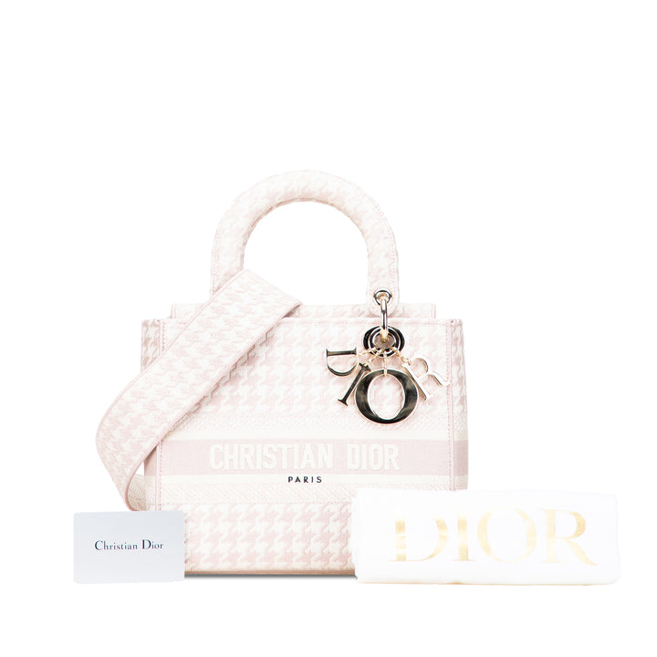 Medium Canvas Houndstooth Embroidered Lady D Lite Pink - Gaby Paris