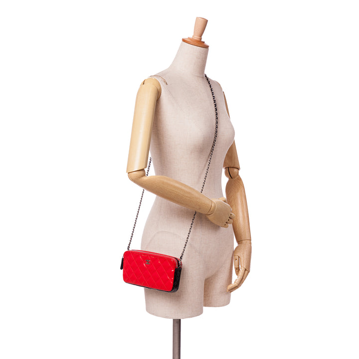 Bicolor Patent Double Zip Wallet on Chain Red - Gaby Paris