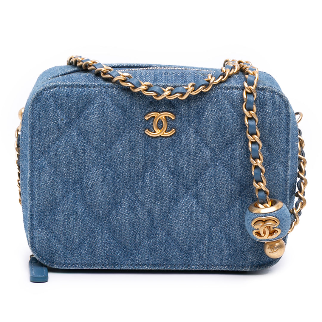 Quilted Denim Pearl Crush Camera Bag Blue - Gaby Paris