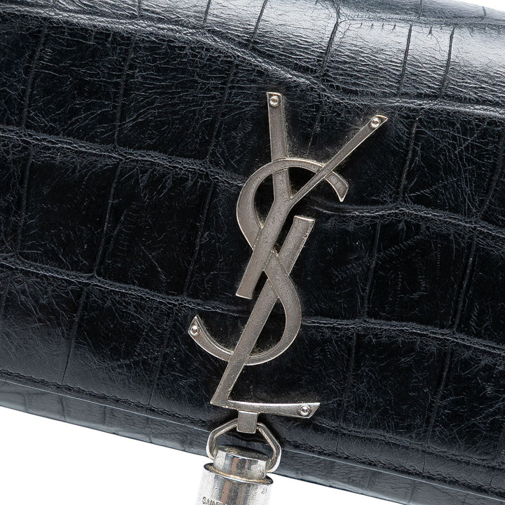 Saint Laurent Small Croc Embossed Cuir Monogram Kate Tassel Sac porté croisé Noir – GABY PARIS Authentique