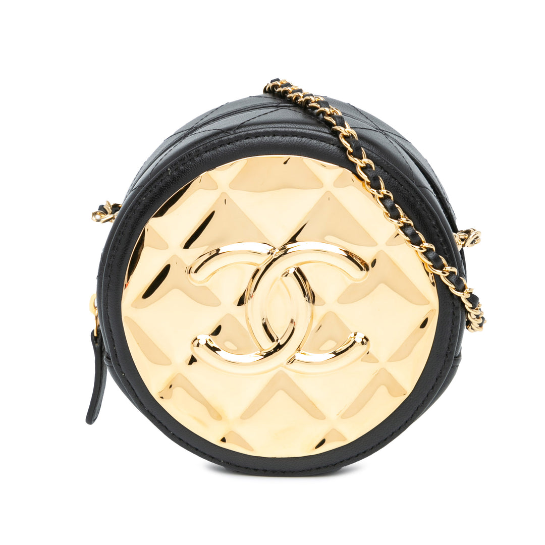 Chanel Mini Lambskin Golden Plate Round Clutch with Chain Black - GABY PARIS