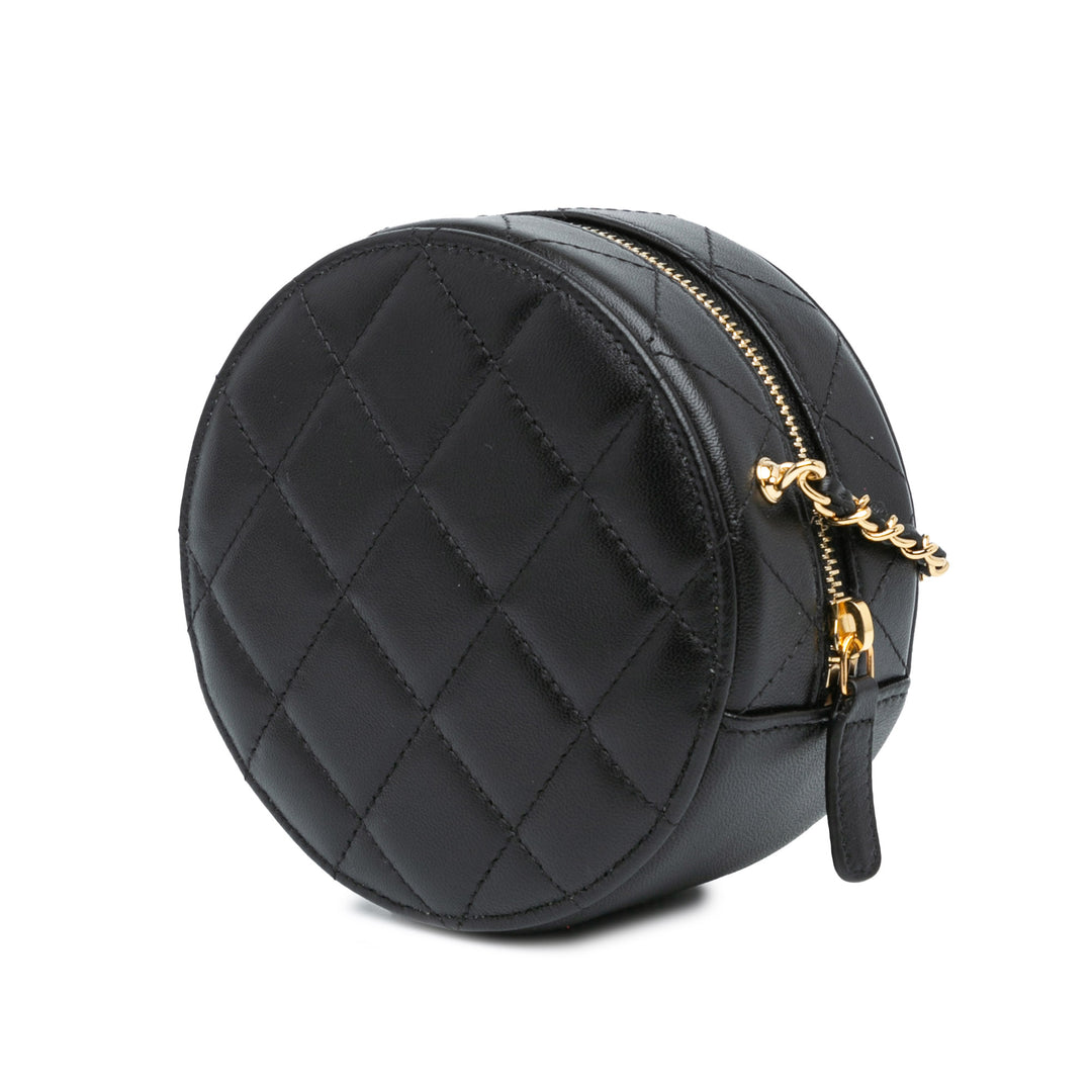 Chanel Mini Lambskin Golden Plate Round Clutch with Chain Black - GABY PARIS