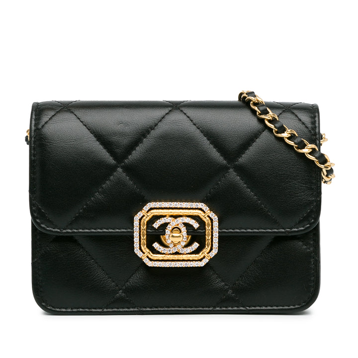 Quilted Calfskin Strass Clutch With Chain Flap Black - Gaby Paris