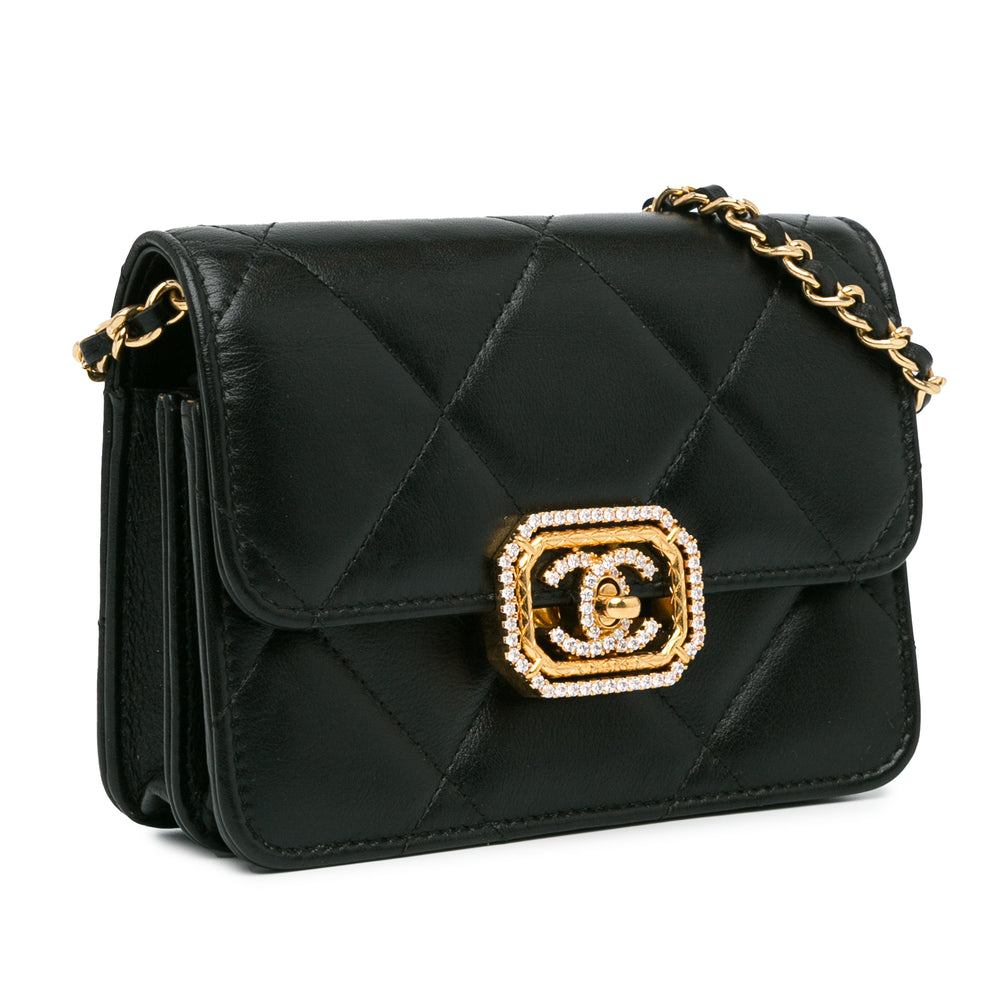 Quilted Calfskin Strass Clutch With Chain Flap Black - Gaby Paris