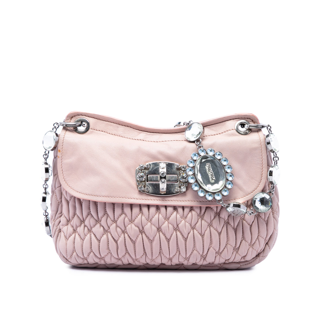 Miu Miu Matelasse Cristal Chaîne Sac nappa Rose – vue principale – GABY PARIS