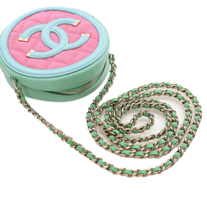 Tricolor Caviar CC Filigree Round Crossbody Pink - Gaby Paris
