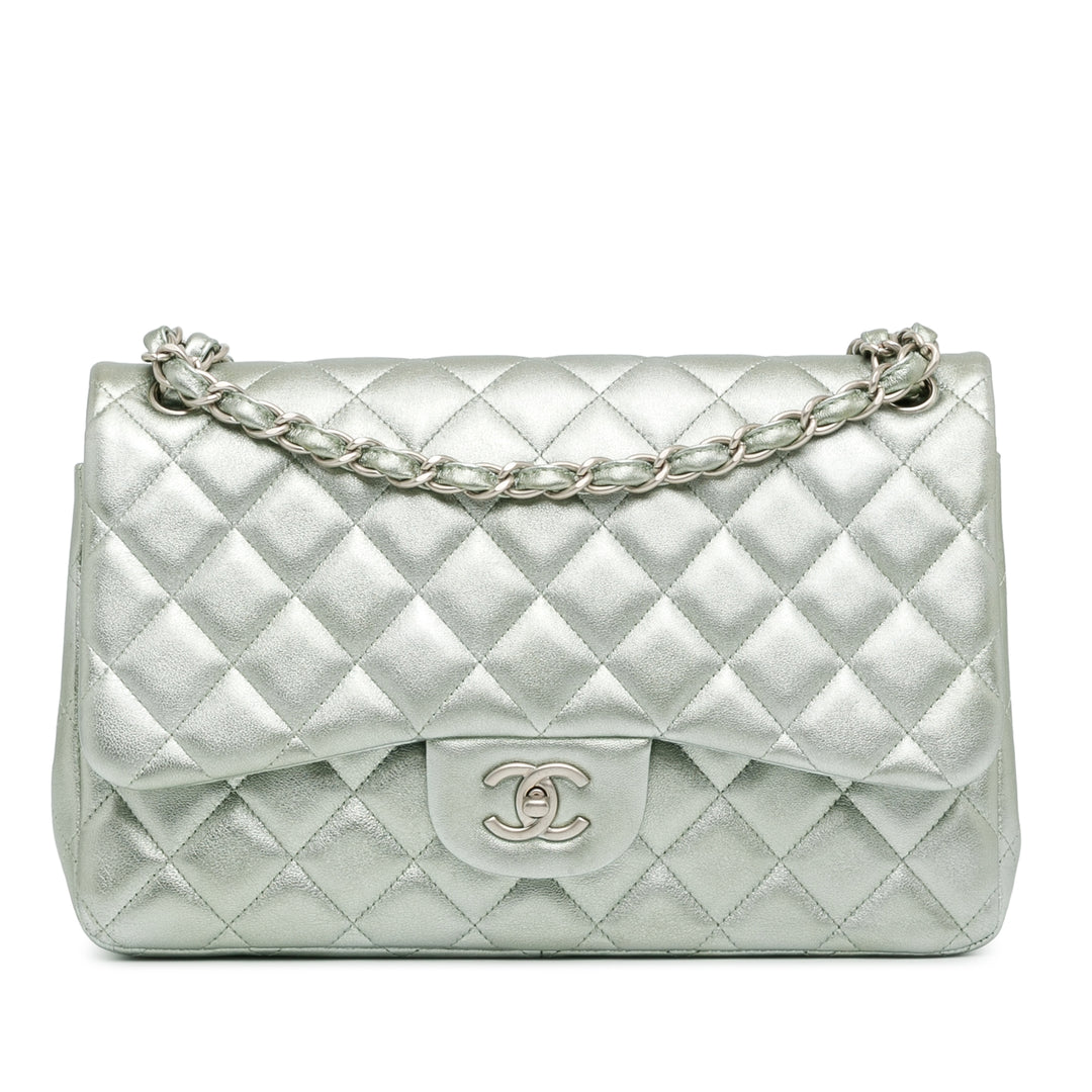 Jumbo Classic Lambskin Double Flap Silver - Gaby Paris