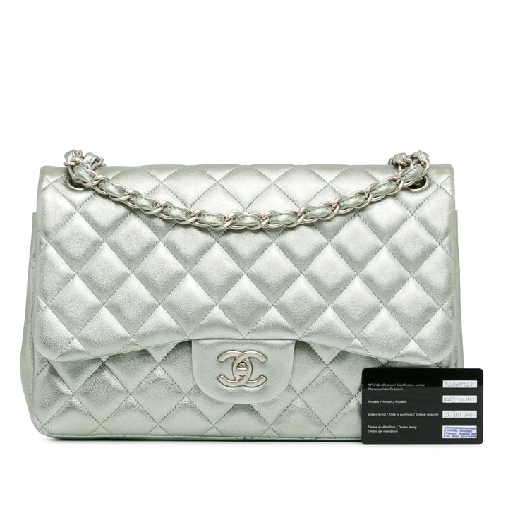 Jumbo Classic Lambskin Double Flap Silver - Gaby Paris