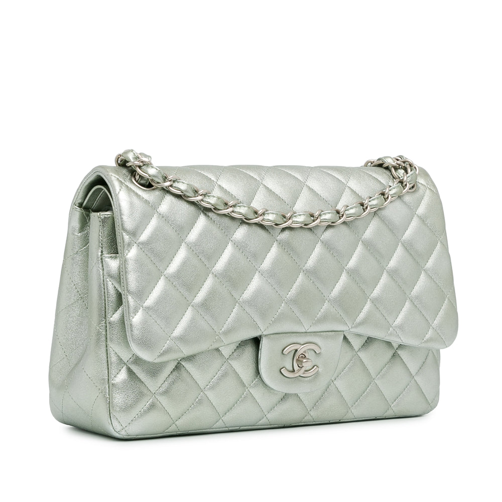 Jumbo Classic Lambskin Double Flap Silver - Gaby Paris