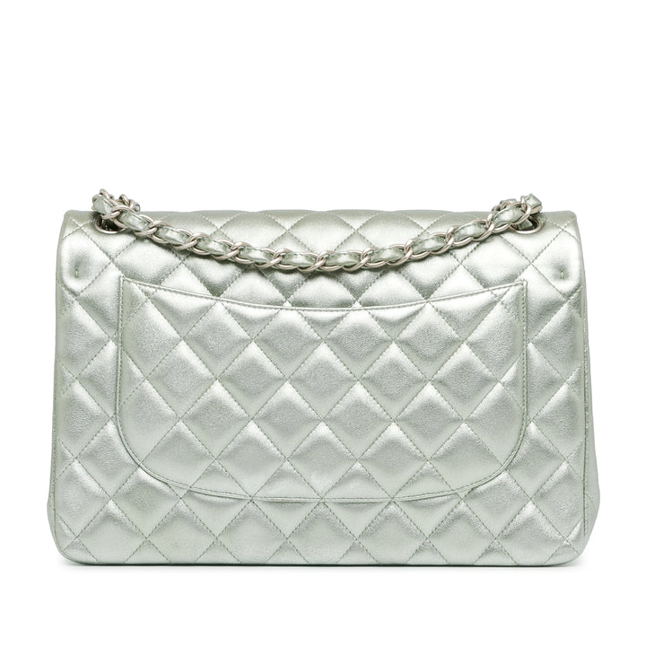 Jumbo Classic Lambskin Double Flap Silver - Gaby Paris