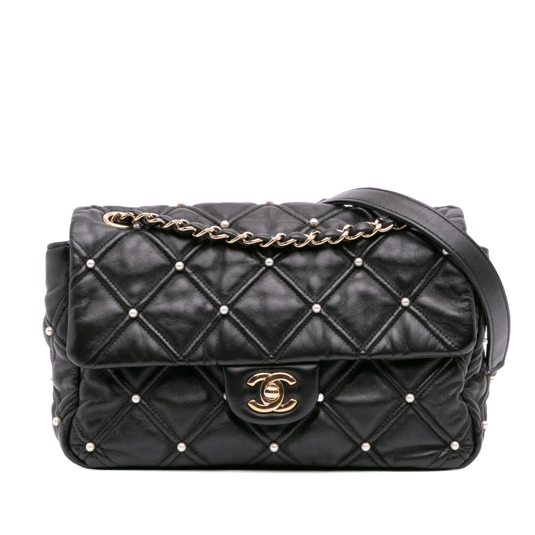 Medium Quilted Lambskin Pearl Studs Flap Black - Gaby Paris
