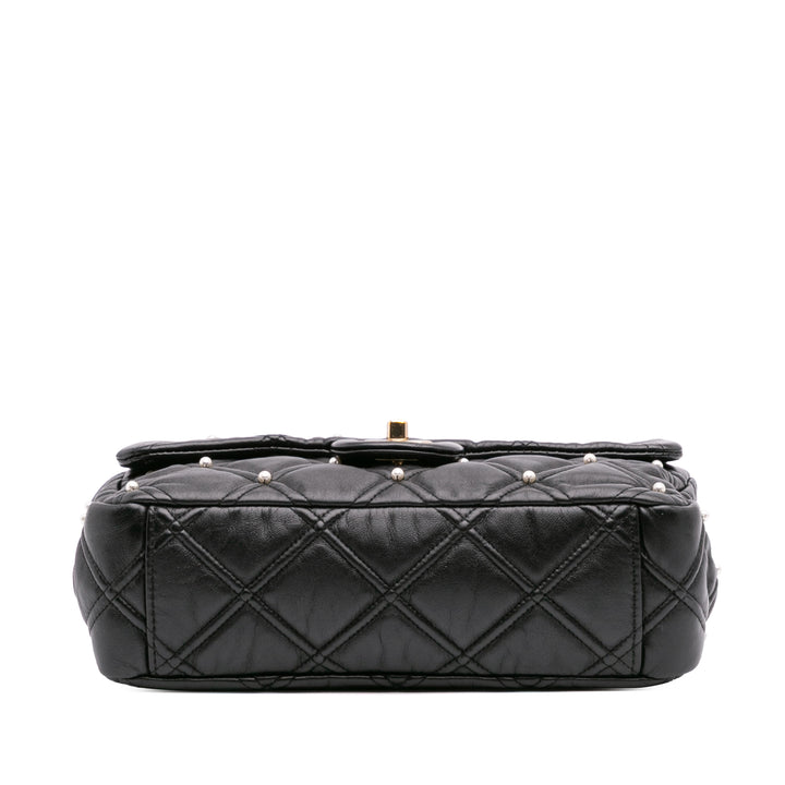 Medium Quilted Lambskin Pearl Studs Flap Black - Gaby Paris