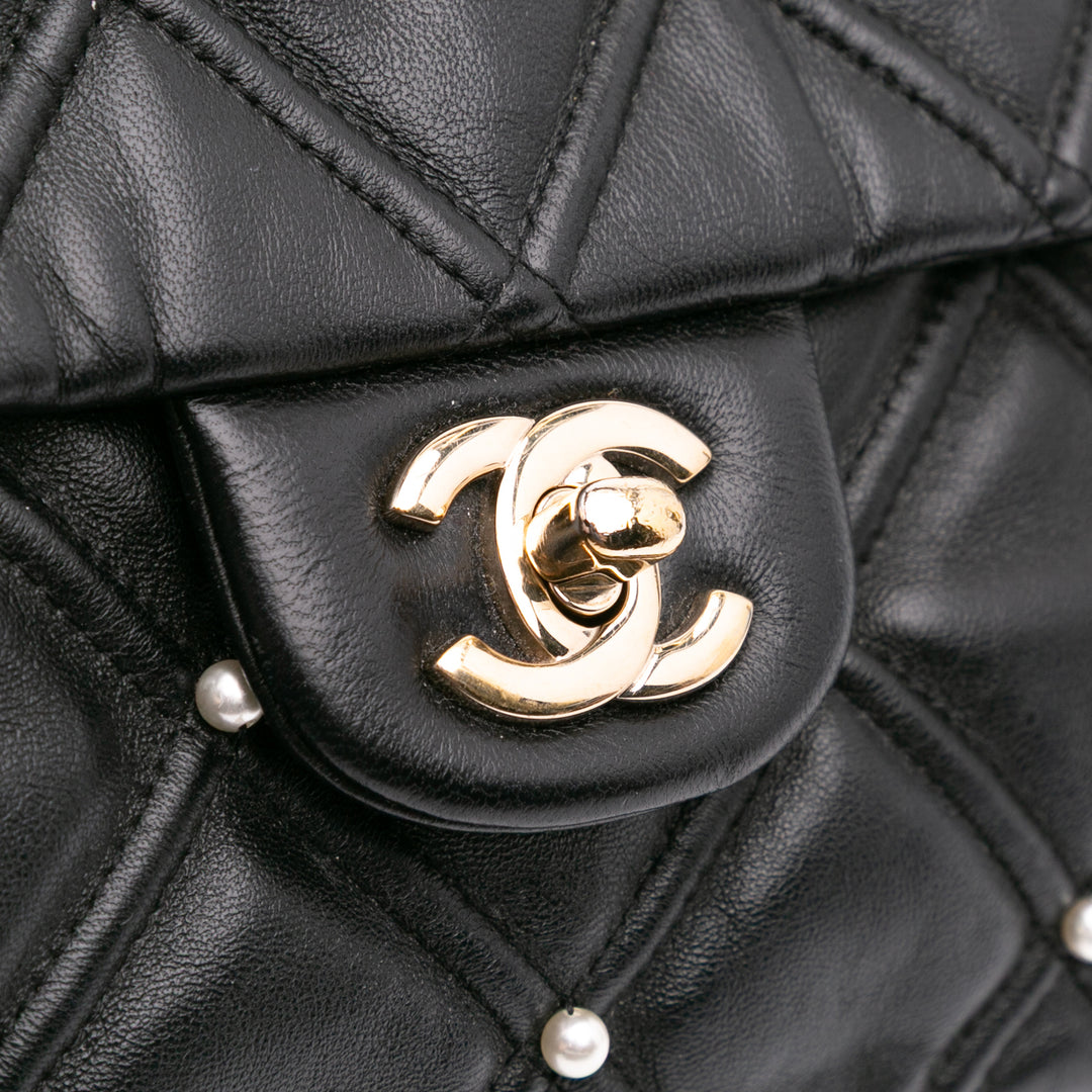Medium Quilted Lambskin Pearl Studs Flap Black - Gaby Paris