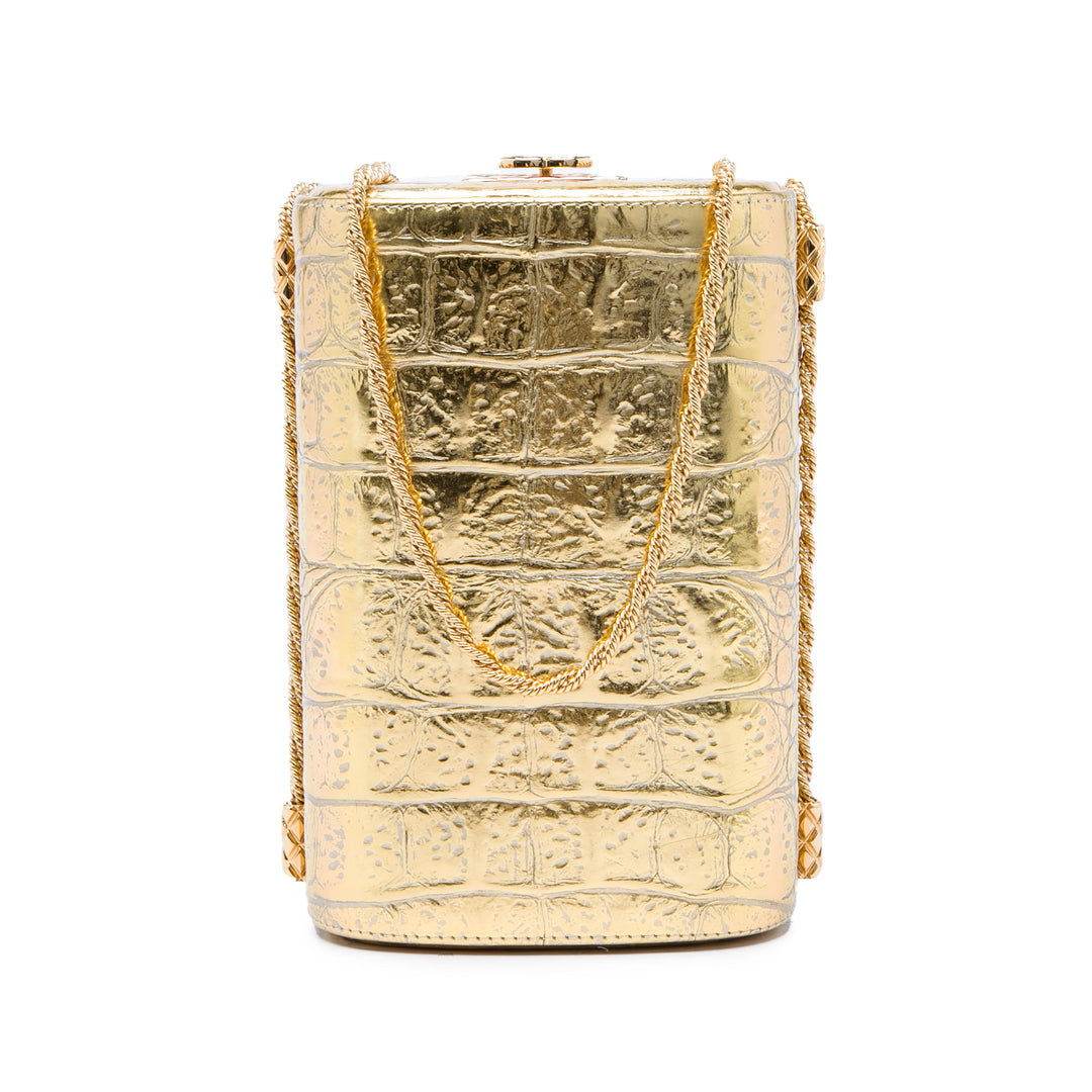 Paris New York CC Croc embossé Métallisé Boîte Minaudiere Sac Cuir de veau Doré