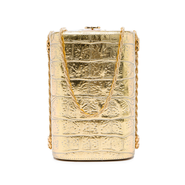 Paris New York CC Croc embossé Métallisé Boîte Minaudiere Sac Cuir de veau Doré