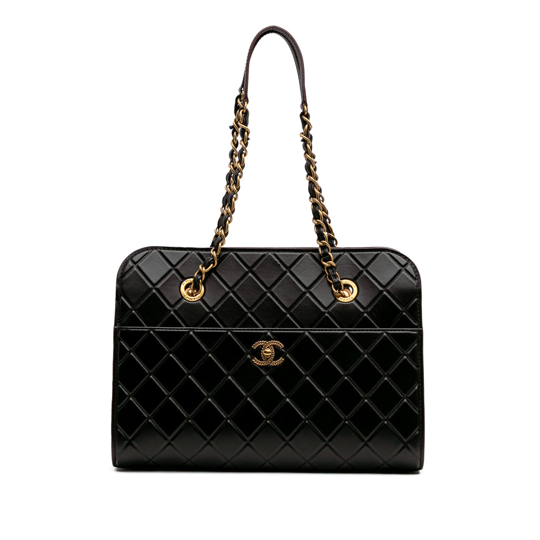 CC Quilted Calfskin Front Pocket Shopping Tote Black - Gaby Paris