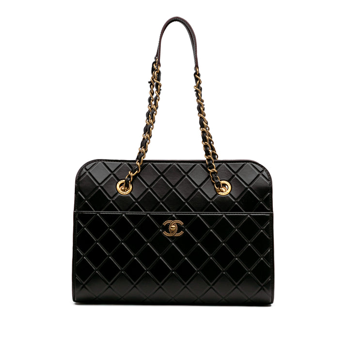 CC Quilted Calfskin Front Pocket Shopping Tote Black - Gaby Paris
