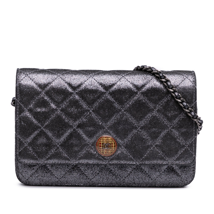 Quilted Iridescent Lambskin Tartan Button Wallet On Chain Silver - Gaby Paris