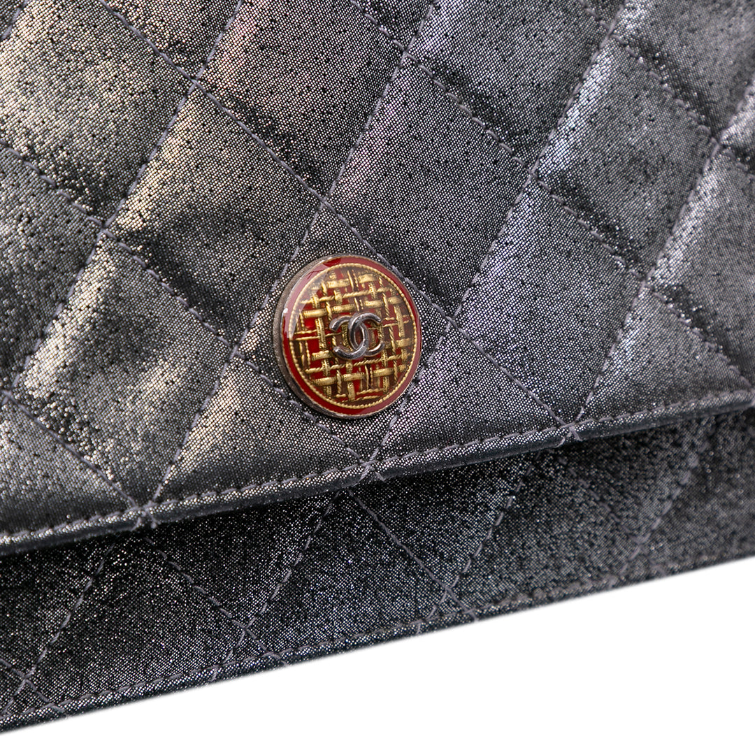 Quilted Iridescent Lambskin Tartan Button Wallet On Chain Silver - Gaby Paris