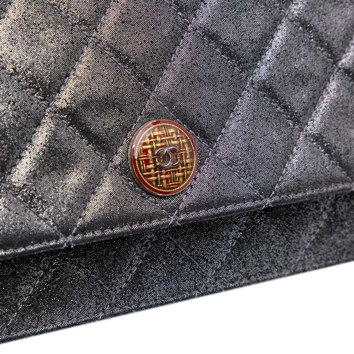 Quilted Iridescent Lambskin Tartan Button Wallet On Chain Silver - Gaby Paris