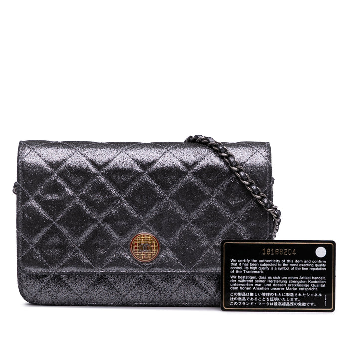 Quilted Iridescent Lambskin Tartan Button Wallet On Chain Silver - Gaby Paris