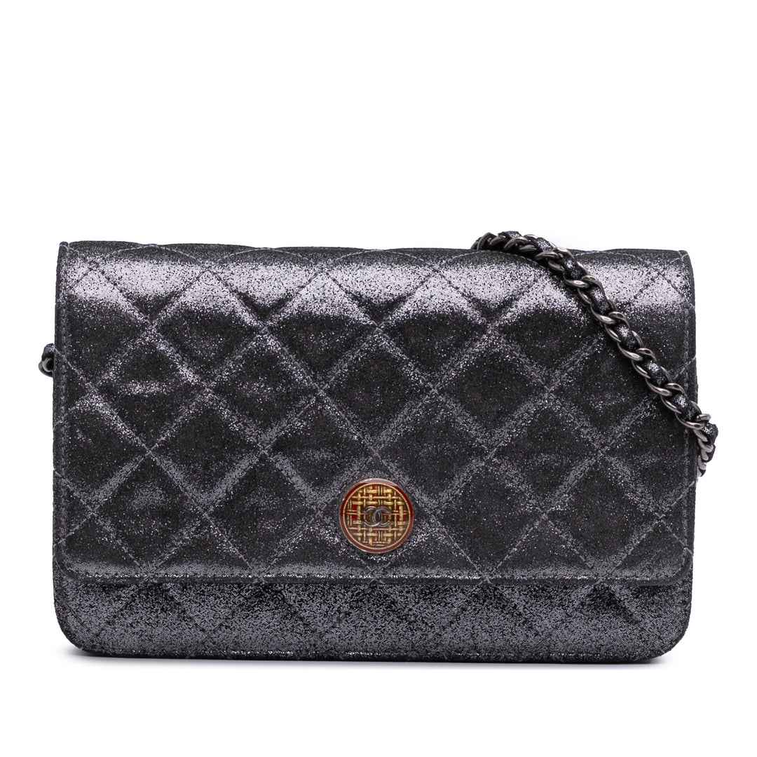 Quilted Iridescent Lambskin Tartan Button Wallet On Chain Silver - Gaby Paris