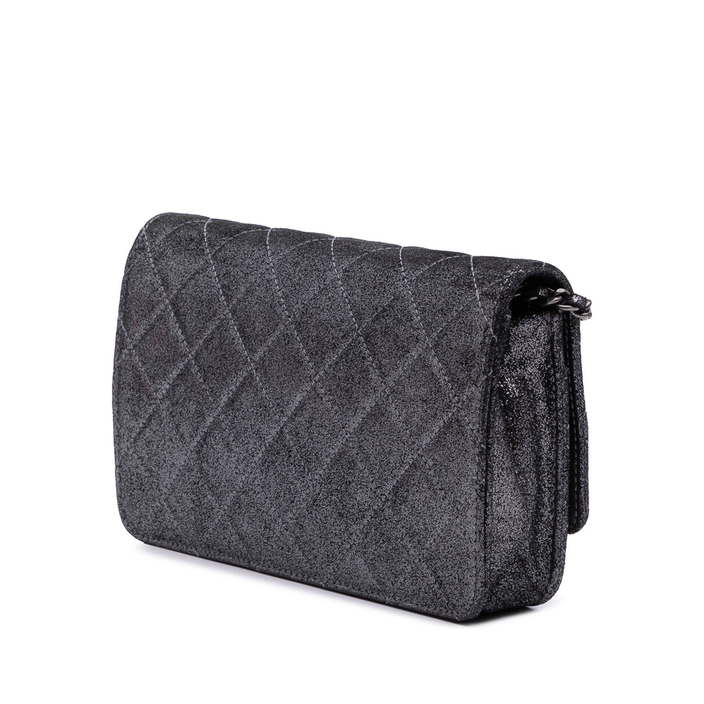 Quilted Iridescent Lambskin Tartan Button Wallet On Chain Silver - Gaby Paris