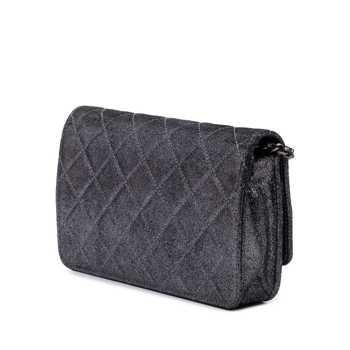 Quilted Iridescent Lambskin Tartan Button Wallet On Chain Silver - Gaby Paris