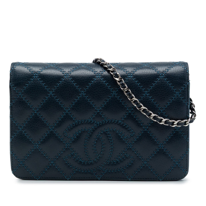 Surpiqué CC Matelassé Wallet on Chain Cuir de veau Bleu