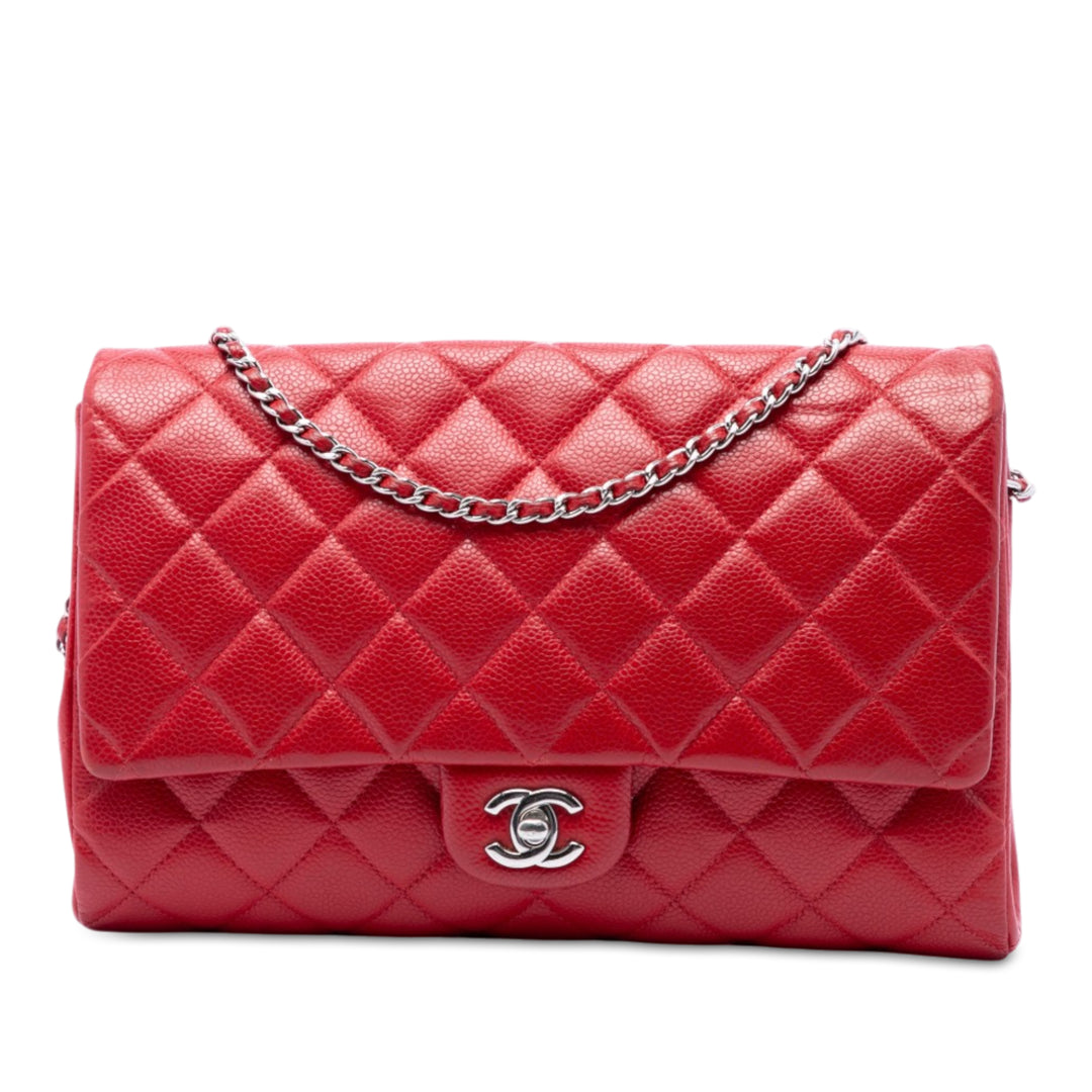 CC Matelassé à rabat Pochette avec chaîne Cuir caviar Rouge