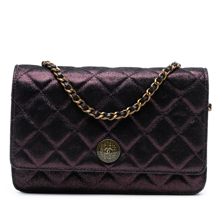 Chanel Quilted Iridescent Cuir d’agneau Tartan Button Wallet On Chain Violet – GABY PARIS Authentique