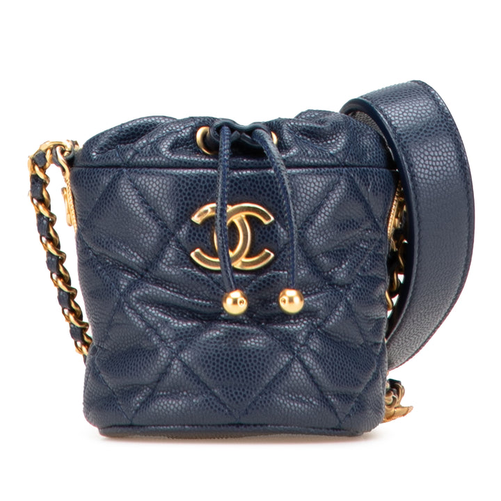 Chanel Matelassé Medallion Charms Sac à cordon seau Mini Cuir caviar