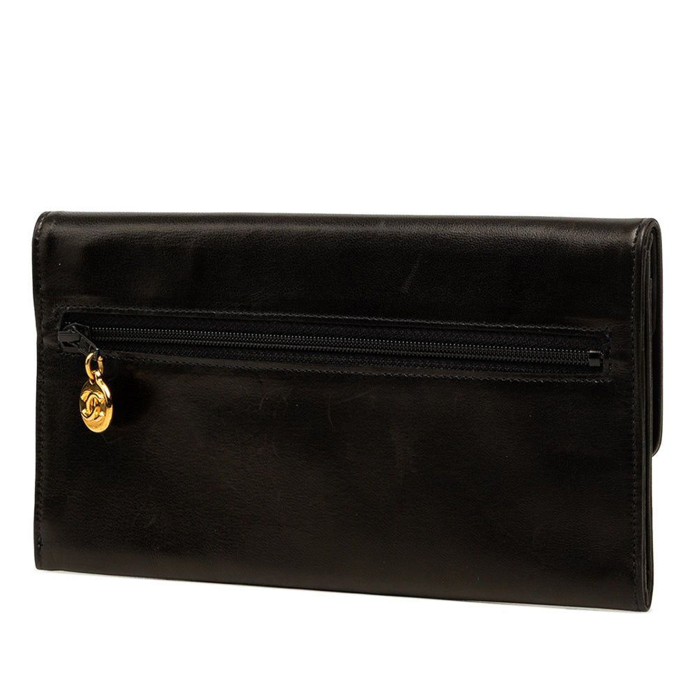 Chanel CC Surpiqué Double rabat Portefeuille long Cuir d'agneau Noir – vue 2 – GABY PARIS