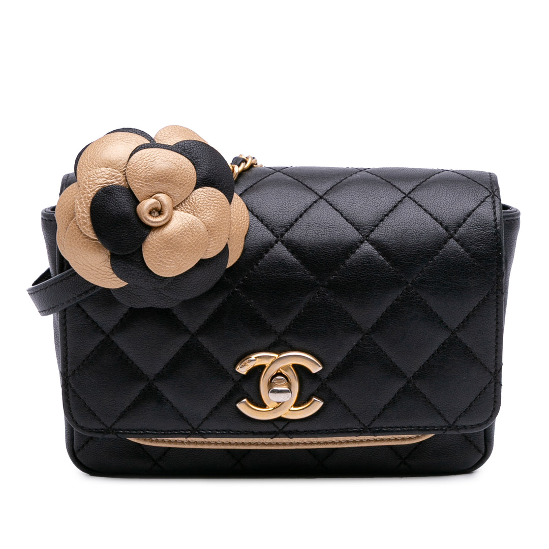 Small Quilted Lambskin Private Affair Camellia Flap Black - Gaby Paris