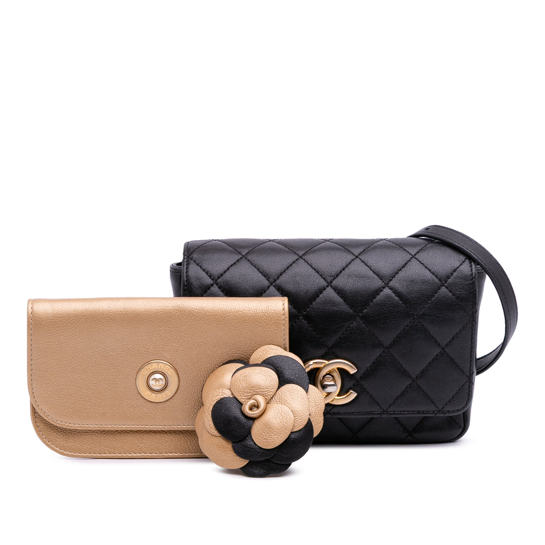 Small Quilted Lambskin Private Affair Camellia Flap Black - Gaby Paris