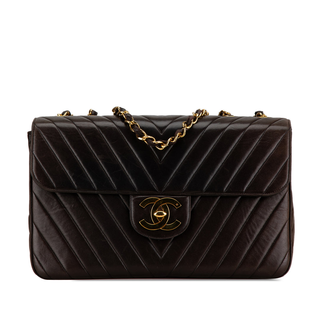 Maxi XL Chevron Lambskin Single Flap Brown - Gaby Paris