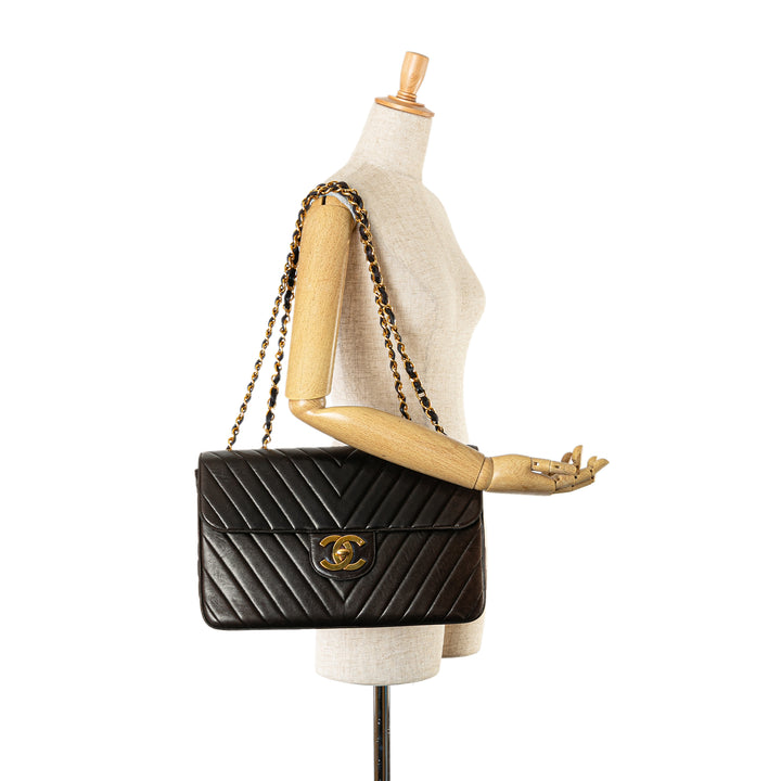 Maxi XL Chevron Lambskin Single Flap Brown - Gaby Paris