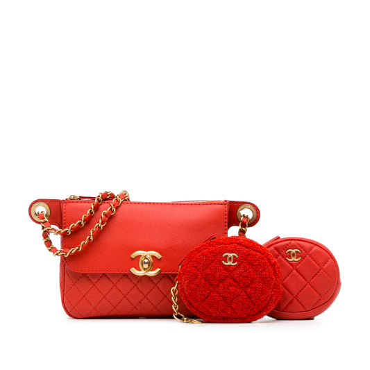CC Quilted Calfskin Flap Belt Bag and Coin Purse Red - Gaby Paris