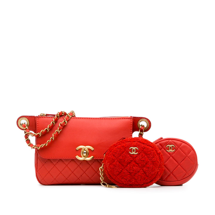 CC Quilted Calfskin Flap Belt Bag and Coin Purse Red - Gaby Paris