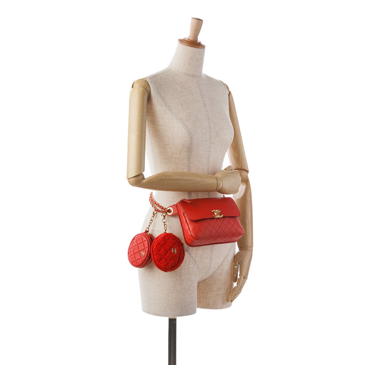 CC Quilted Calfskin Flap Belt Bag and Coin Purse Red - Gaby Paris