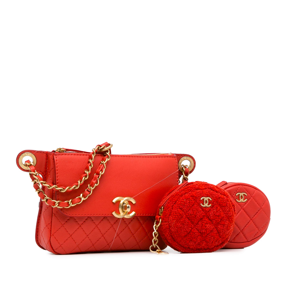 CC Quilted Calfskin Flap Belt Bag and Coin Purse Red - Gaby Paris