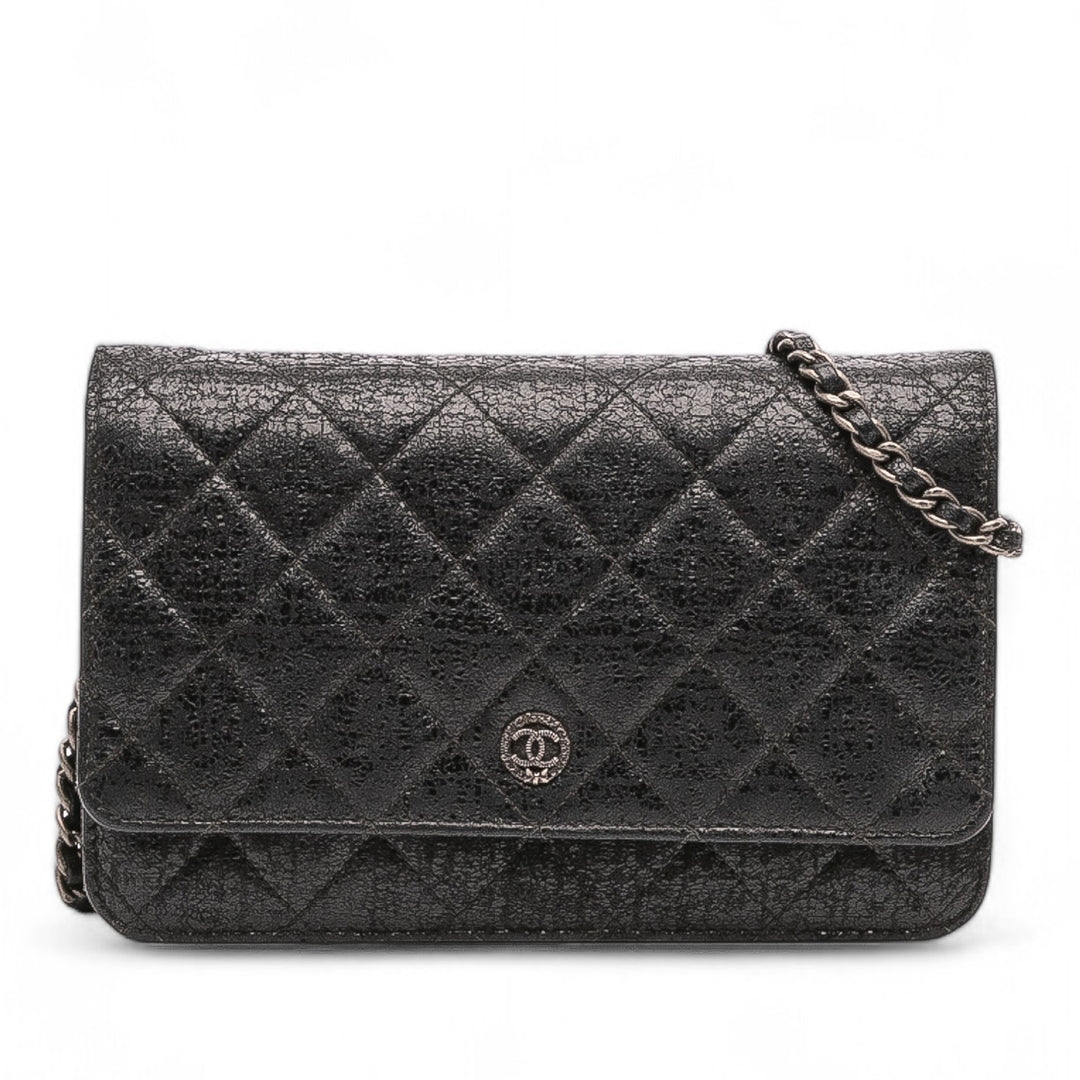 CC Quilted Crinkled Calfskin Wallet On Chain Black - Gaby Paris
